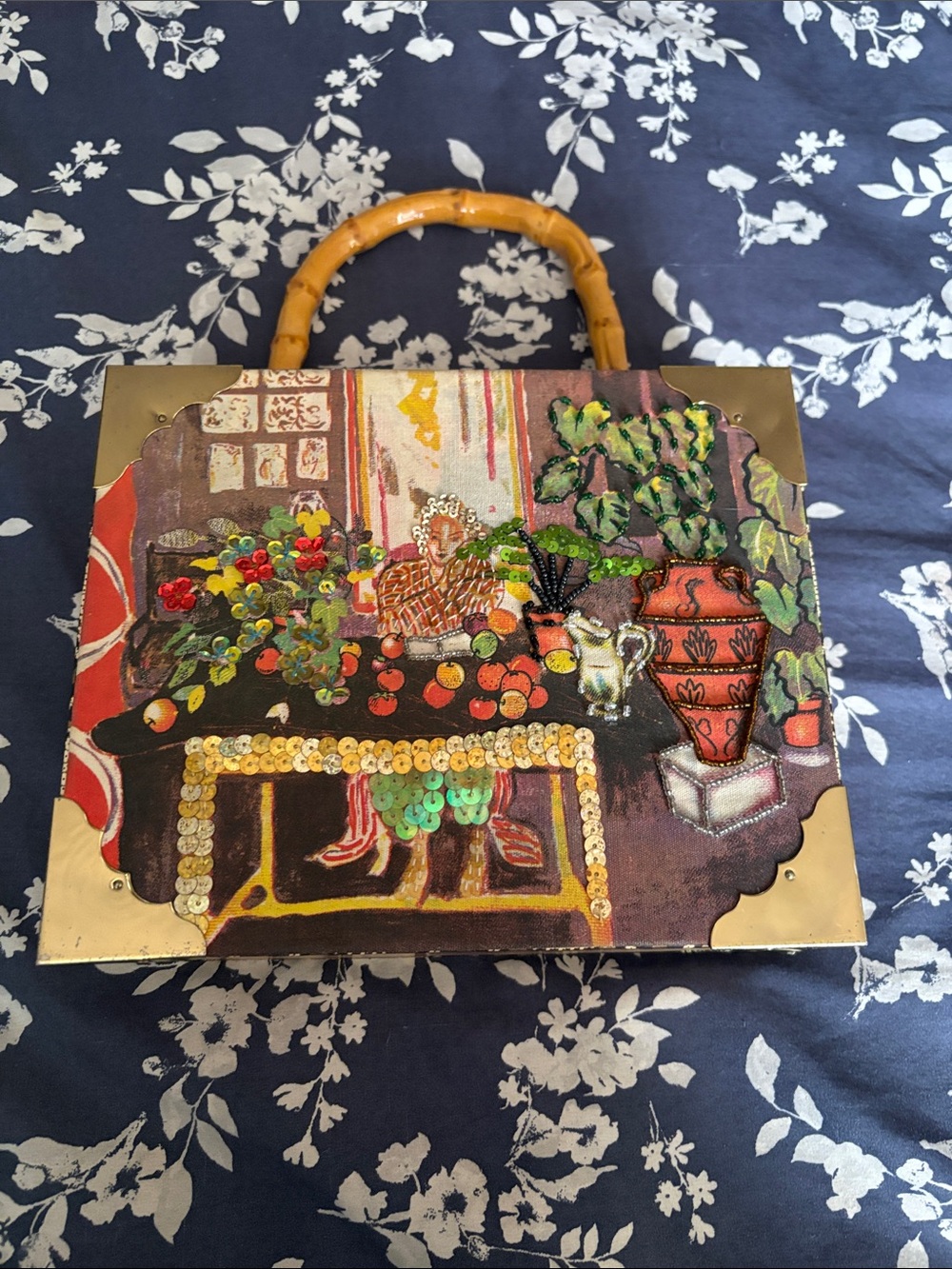 Vintage-Inspired Sequin & Painted Bamboo-Handle Handbag in Multicolor